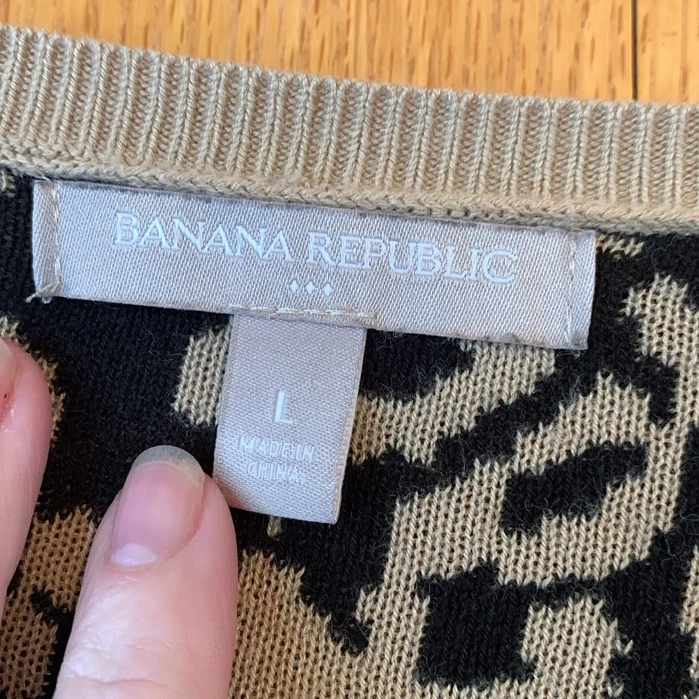 Banana Republic L leopard print black taupe crew neck sweater tunic 3/4 sleeve